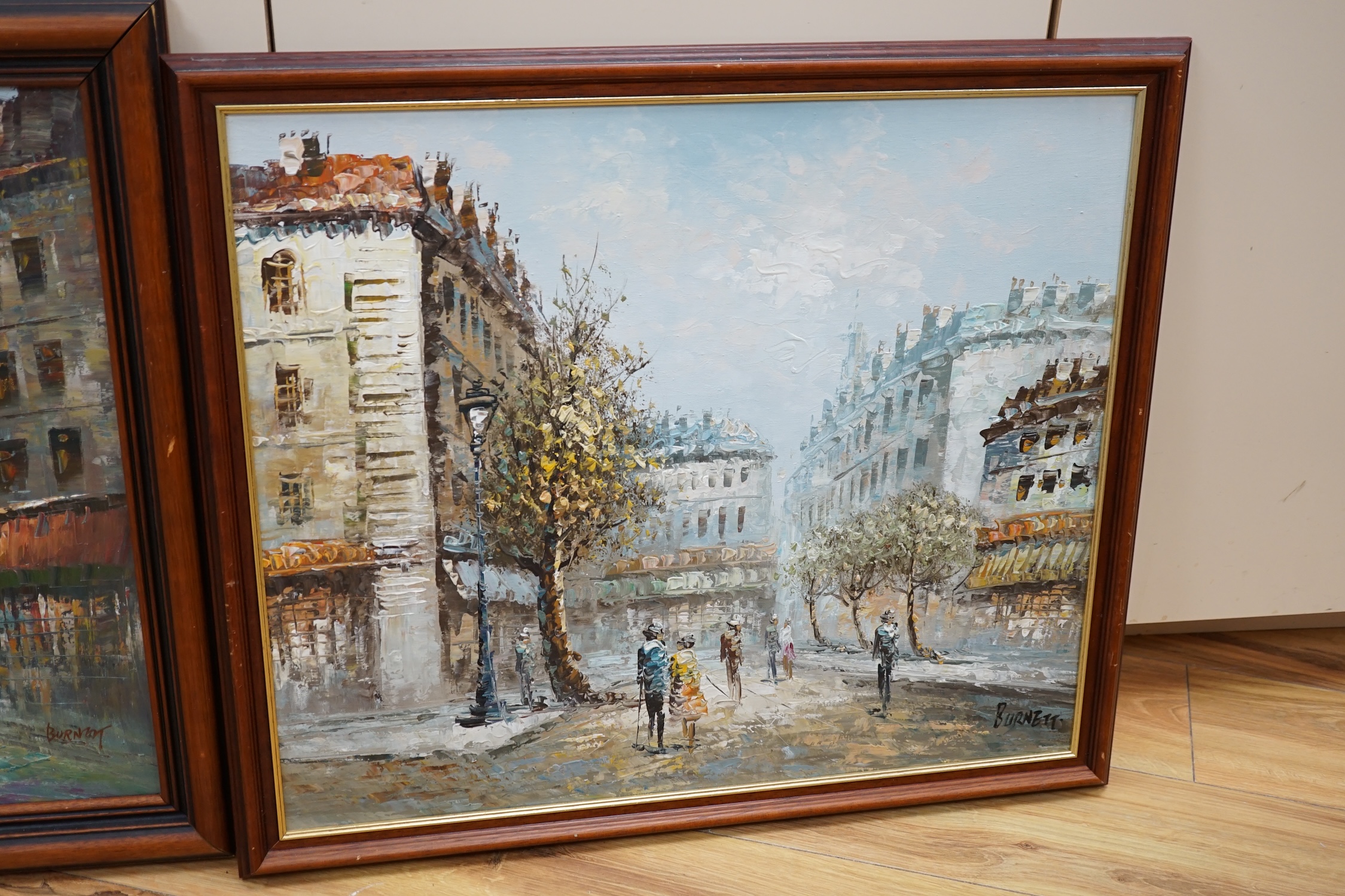 Caroline Burnett (1877-1950), two Impressionist oils, one on canvas, Parisian street scenes, largest 49 x 59cm. Condition - good, some surface dirt